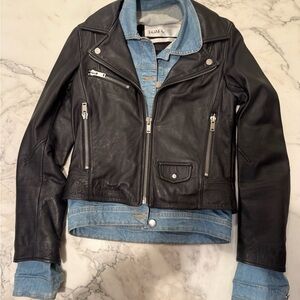 Doma Black Leather Jacket with Denim Accent